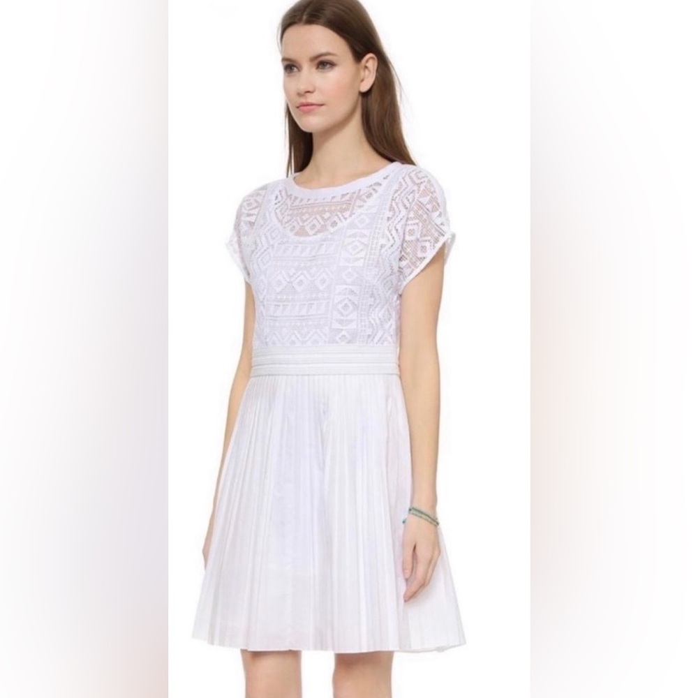 Madewell Geo Lace Eyelet Pleated Dress White Short Sleeve Solid C2912 - size 8